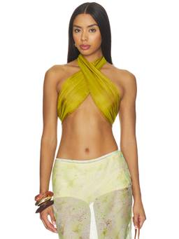 Retrofete - Fable Women's Iridescent Halter Tie-Up Chiffon Top Mustard