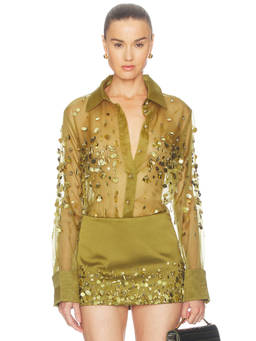 Retrofete - Quilly Women's Sheer Embellished Collar Neck Blouse Green