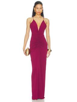 Ronny Kobo - Ruched Women's Plunging Neck Bodycon Maxi Dress Purple