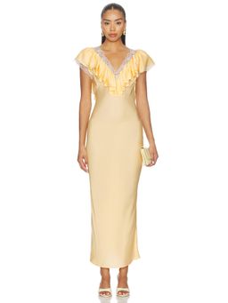 Ronny Kobo - Women's Satin Lace Trim Ruffled Midi Dress Yellow
