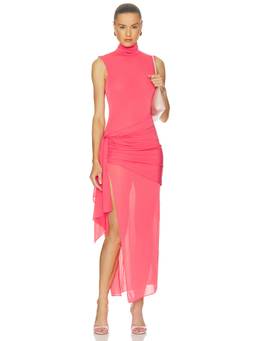 Ronny Kobo - Crystal Women's Ruched High Neck Midi Dress Pink