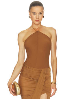 Ronny Kobo - x REVOLVE Women's Halter Neck Mesh Jersey Bodysuit Tobacco