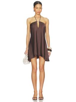 Runaway The Label - Freya Flowy Women's Halter Neck Satin Mini Dress Brown
