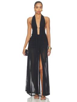 Runaway The Label - Adrianna Plunge Women's Ruched Halter Maxi Dress Black