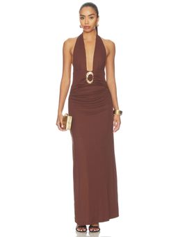 Runaway The Label - Arina Women's Halter V-Neck Ruched Maxi Dress Brown