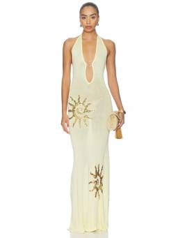 Runaway The Label - Halter Knit Women's Sequin Detail Maxi Dress Yellow