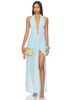 Runaway The Label - Plunge Ruched Women's Halter Neck Cut-Out Maxi Dress Aqua