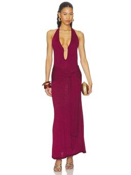 Runaway The Label - Ayella Women's Halter Plunging Deep-V Knit Maxi Dress Berry