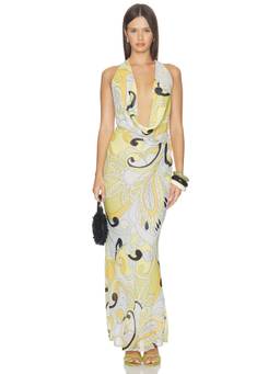 Runaway The Label - Lexie Low Plunge Women's Halter Neck Maxi Dress Multi-Color