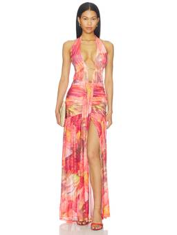 Runaway The Label - Adrianna Women's Halter Plunging Ruched Maxi Dress Peach