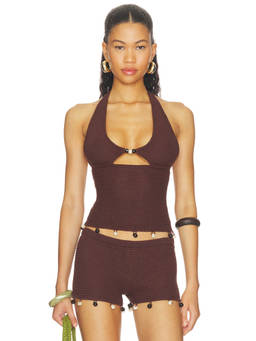 Runaway The Label - Bailee Deep-V Women's Sleeveless Halter Neck Knit Top Brown