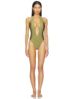 Runaway The Label - Sicily Women's Deep-V Halter Tie One-Piece Swimsuit Olive