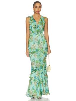 SALONI - Rita Women's Floral Ruffled Chiffon Maxi Dress Mint