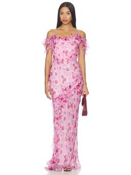 SALONI - Nina Women's Floral Ruffled Off-Shoulder Maxi Dress Pink