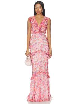 SALONI - Rita Women's Floral Print Ruffled V-Neck Maxi Dress Pink