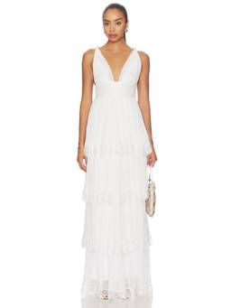Sabina Musayev - Ribbed Crepe Women's Lace Trim Plunging Maxi Dress White