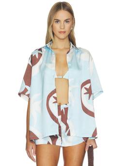 SEVEN WONDERS - Satin Women's Printed Button-Down Shirt Rina Blue
