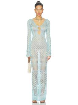 SNDYS - Long Sleeve Women's Sheer Crochet Knit Maxi Dress Blue