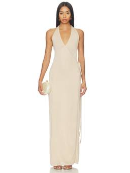 SNDYS - Tiare Shimmer Women's Halter Neck Wrap Maxi Dress Beige