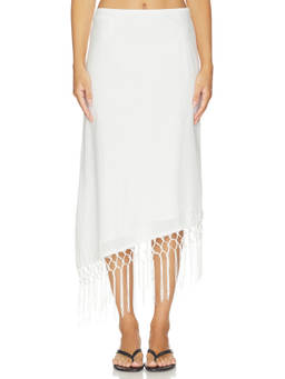 SNDYS - Cascade Women's Asymmetric Fringe Trim Midi Skirt White