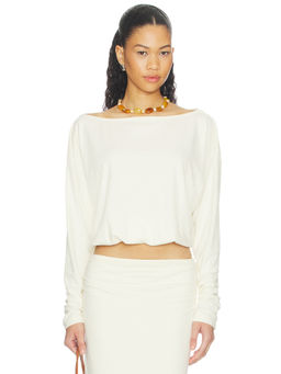 SNDYS - Women's Boat Neck Full Sleeves Cinched Hem Top Cream