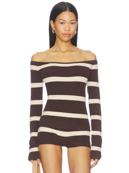 SNDYS - Carla Women's Off-Shoulder Ribbed Knit Top Chocolate Stripe