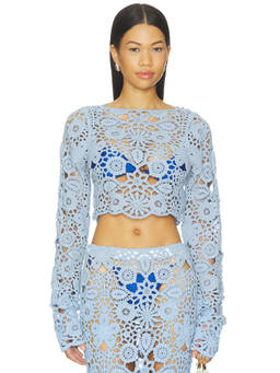 SNDYS - Tala Women's Sheer Crochet Knit Crop Top Cerulean