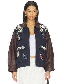 SEA - Georgie Sportswear Women's Embroidered Leather Sleeve Jacket Navy Blue