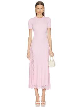 self-portrait - Knit Lace Insert Women's Ribbed Bodycon Midi Dress Pink