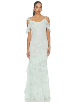 self-portrait - Mint Embroidered Women's Ruffled Cold-Shoulder Maxi Dress Green