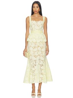 self-portrait - Lace Peplum Women's Belted Midi Dress Yellow