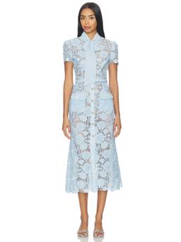 self-portrait - Lace Tie-Neck Women's Button-Front Midi Dress Blue