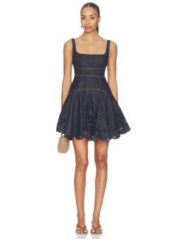 self-portrait - Indigo Denim Women's Bow Embroidered Mini A-Line Dress Blue