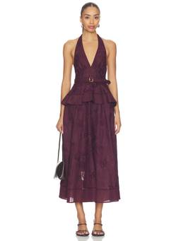 self-portrait - Plum Linen Women's Halter Neck Peplum Midi Dress Burgundy