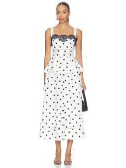 self-portrait - Polka Dot Women's Lace Trim Flared Midi Dress White