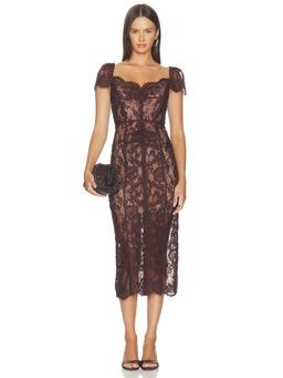 self-portrait - Floral Lace Women's Boned Bodice Midi Dress Brown