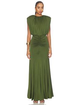 self-portrait - Olive Jersey Women's Gathered Padded Shoulder Maxi Dress Green