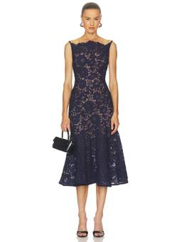 self-portrait - Spiral Lace Women's Sleeveless Flared Midi Dress Navy Blue