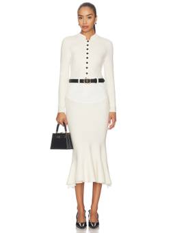 self-portrait - Knit Denim Insert Women's Belted Midi Dress Cream