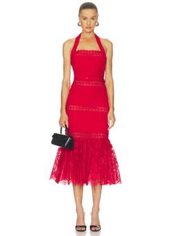 self-portrait - Linen Blend Women's Halter Lace Detail Midi Dress Red
