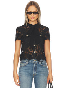 self-portrait - Lace Tie Neck Women's Semi-Sheer Button Front Top Black
