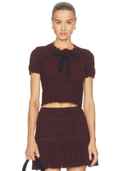 self-portrait - Pointelle Knit Women's Detachable Bow Crop Top Brown