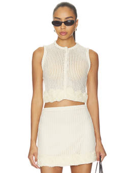 self-portrait - Crochet Flower Women's Sleeveless Button Front Crop Top Cream