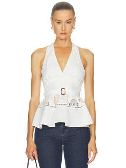 self-portrait - Linen Peplum Women's Halter Neck Sleeveless Peplum Top White