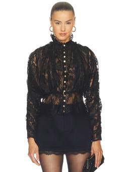 self-portrait - Lace High Neck Women's Button Front Blouse Black
