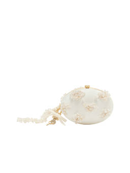 self-portrait - Satin Floral Beaded Oval Clutch Cream