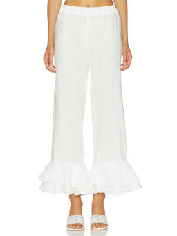 Sleeper - Cha-cha Women's Sheer Linen Ruffle Hem Lounge Pants White
