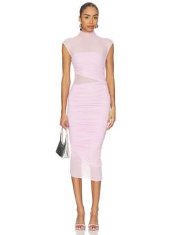 SER.O.YA - Tabitha Women's Ruched Mesh Midi Bodycon Dress Pink