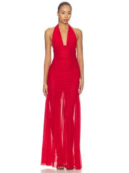 SER.O.YA - Teghan Women's Ruched Halter Neck Maxi Dress Red
