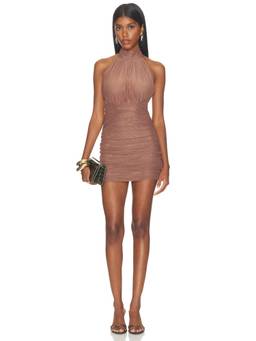 SER.O.YA - Yoko Women's Ruched Halter Neck Mesh Bodycon Mini Dress Brown